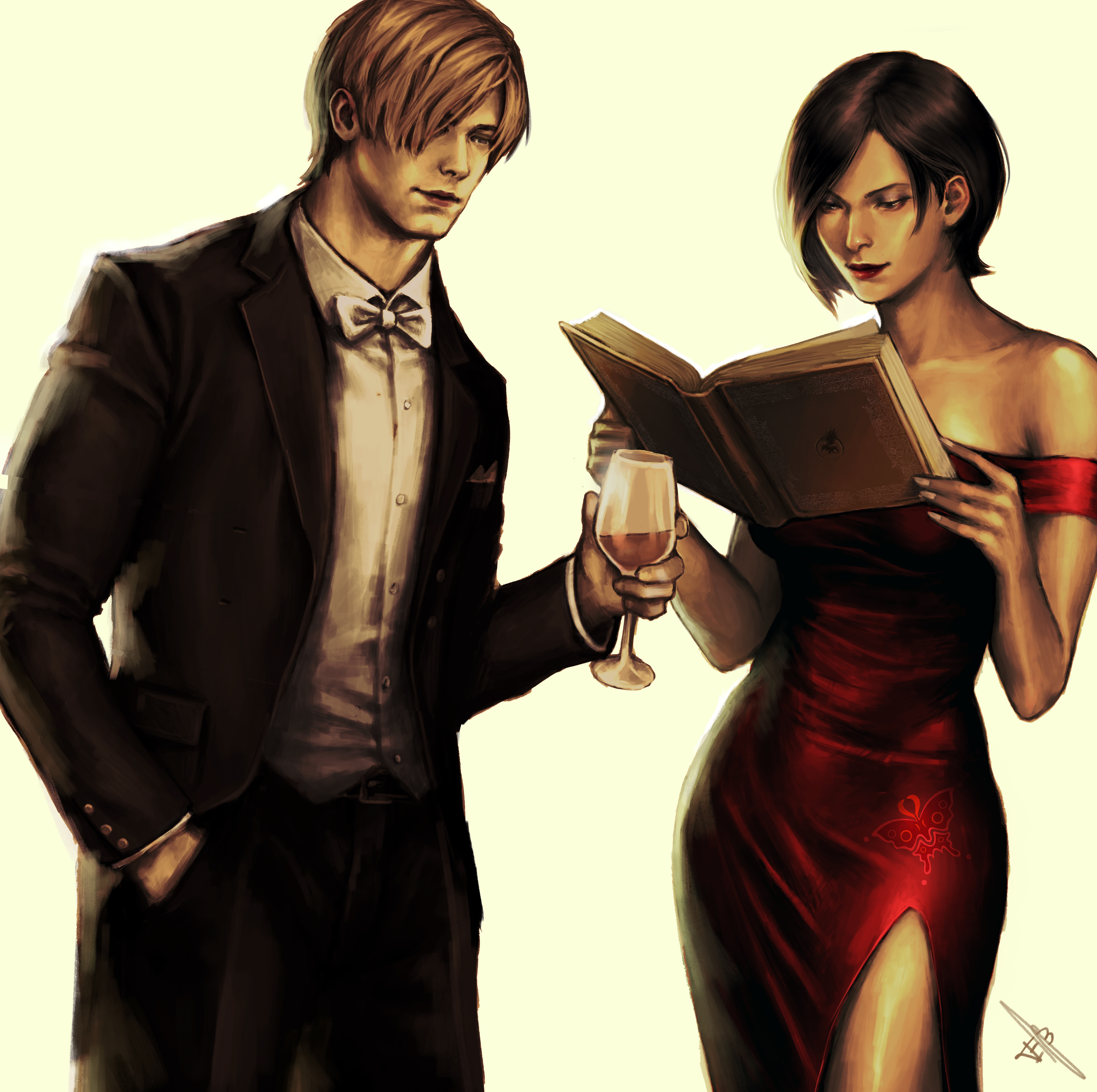 Leon and Ada finely dressed for a party; Leon holds a champage glass and Ada smirks, reading from a book